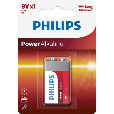 Батарейка 6LR61 (6LF22, MN1604, MX1604, Крона) лужна блістер, 1 шт, Power Alkaline Philips (6LR61P1B/10)