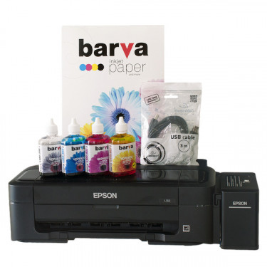 Коплект для друку Printer kit 4в1 Принтер L132 A4 Epson  (C11CE58403) + чернила Barva + бумага Barva + кабель
