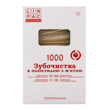 Зубочистки Linpac 65 мм в целофанi з м`ятою 1000 шт (4594)