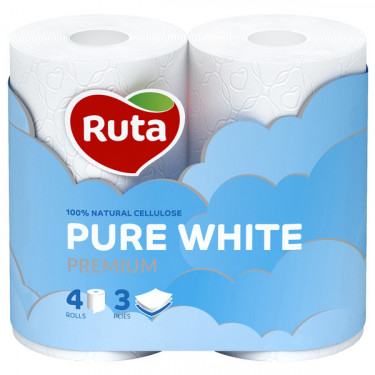 Папір туалетний 150 відривів, 3 шари, 4 рулони, білий Pure White Ruta (4820023747531)