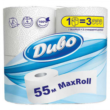 Папір туалетний 2 шари, 4 рулони, 55 м, білий MaxRoll Диво (4820003835708)