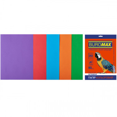 Набір кольорового паперу А4, 80 г/м2, 20 листів, 5 кольорів Intensive Buromax (4823078962263)