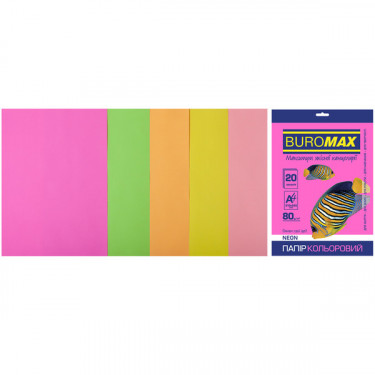Набір кольорового паперу А4, 80 г/м2, 20 листів, 5 кольорів Neon Buromax (4823078962294)