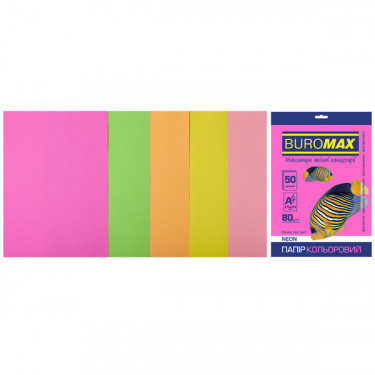 Набір кольорового паперу А4, 80 г/м2, 50 листів, 5 кольорів Neon Buromax (4823078962300)