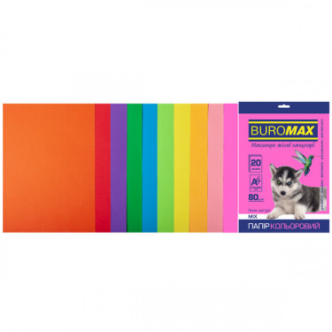 Набір кольорового паперу А4, 80 г/м2, 20 листів, 10 кольорів Neon+Intensive Buromax (4823078962355)