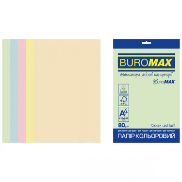 Набір кольорового паперу А4, 80 г/м2, 20 листів, 5 кольорів Pastel EuromaxBuromax (4823078970954)