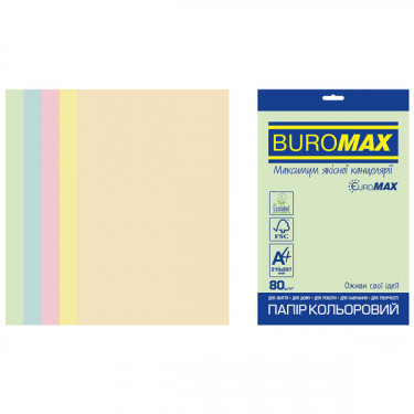 Набір кольорового паперу А4, 80 г/м2, 50 листів, 5 кольорів Pastel Euromax Buromax (4823078970961),