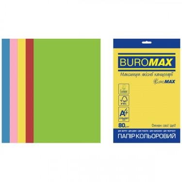 Набір кольорового паперу А4, 80 г/м2, 20 листів, 5 кольорів Intensive Euromax Buromax (4823078970978)