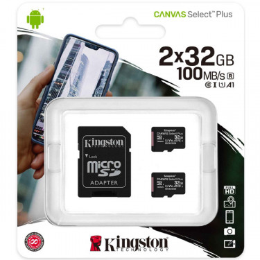Карта пам'яті 2x32GB microSDXC C10 UHS-I R100MB/s + SD Kingston (SDCS2/32GB-2P1A)