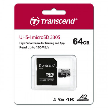 Карта пам'яті 64GB microSDXC C10 UHS-I U3 A2 R100/W85MB/s + SD Transcend (TS64GUSD330S)