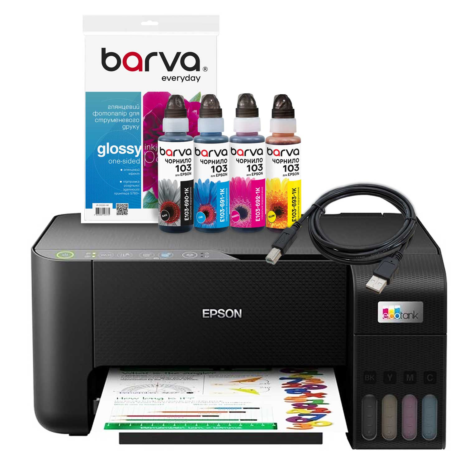 Комплект для печати Printer Kit 4в1 МФУ Epson EcoTank L3250, Wi-Fi (C11CJ67412) + Чернила Barva + Бумага Barva + Кабель