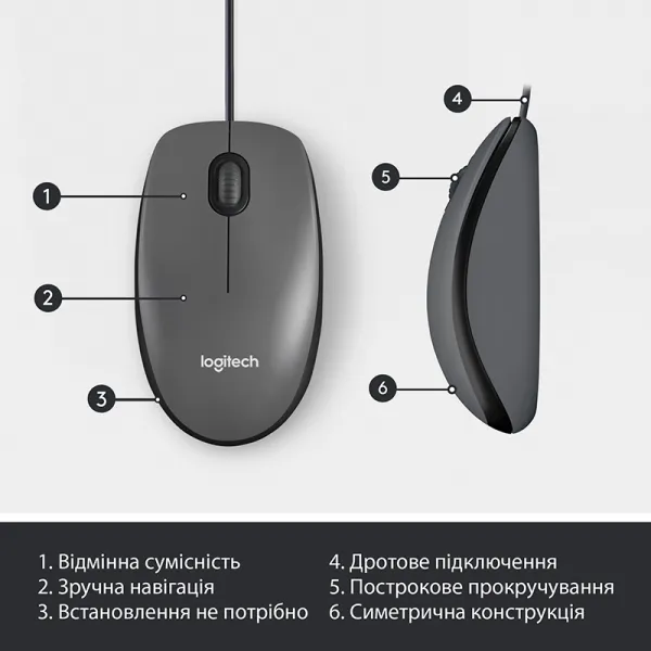 Миша USB M100 Optical, чорна Logitech (910-005003/910-006652) - Фото 3