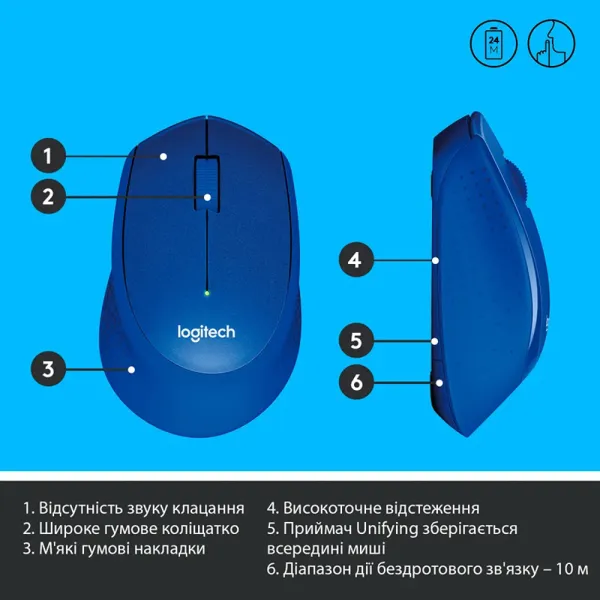 Мышь беспроводная M330 Silent Plus, синяя Logitech (910-004910) - Фото 7