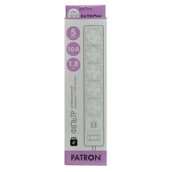 Фильтр сетевой 5 розеток + 2 x USB 2.0 2.1A, 1,8 м, черный Patron (SP-52-USB) - Фото 1