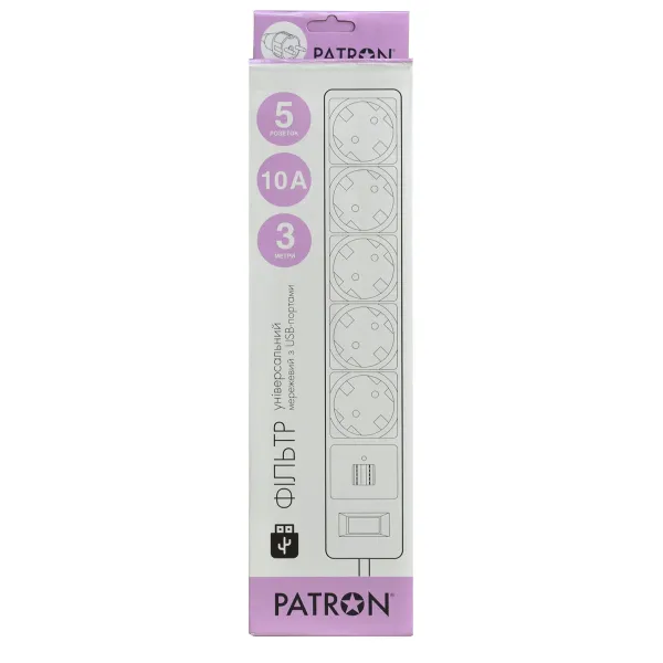 Фильтр сетевой 5 розеток + 2 x USB 2.0 2.1A, 3 м, черный Patron (SP-53-USB) - Фото 2