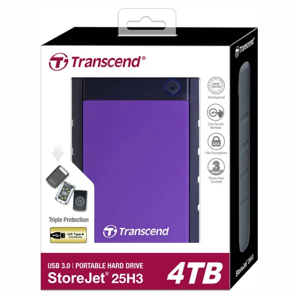 Диск жесткий внешний портативный 4TB USB 3.1 StoreJet 25H3 фиолетовый Transcend (TS4TSJ25H3P) - Фото 3