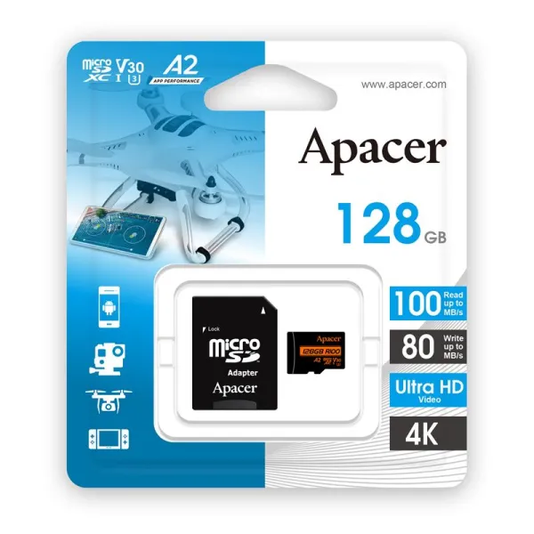 Карта памяти 128GB microSD C10 UHS-I U3 A2 R100/W80MB/s Apacer (AP128GMCSX10U8-R) - Фото 1