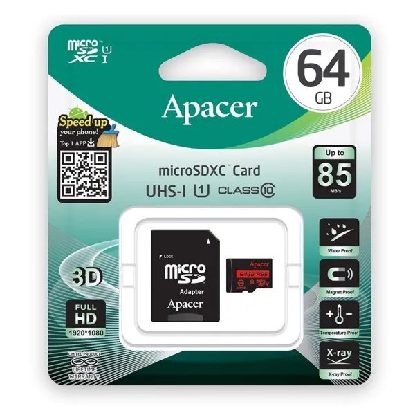 Карта пам'яті Micro SDXC 64 Гб, Клас 10 Apacer (AP64GMCSX10U5-R) - Фото 1