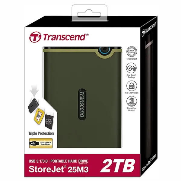 Диск жесткий внешний портативный 2TB USB 3.1 StoreJet 25M3 зеленый Transcend (TS2TSJ25M3G) - Фото 3