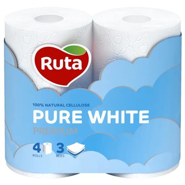 Бумага туалетная 150 отрывов, 3 слоя, 4 рулона, белая Pure White Ruta (rt.47531) - Фото 10