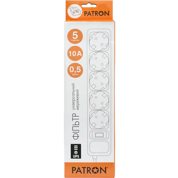 Фильтр сетевой для ИБП 5 розеток, 0,5 м, черный, 3*1мм2 Patron (SP-1052U) - Фото 2