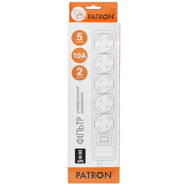 Фильтр сетевой для ИБП 5 розеток, 2 м, черный, 3*1мм2 Patron (SP-1055U) - Фото 1