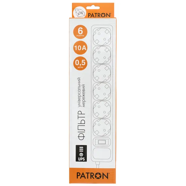 Фильтр сетевой для ИБП 6 розеток, 0,5 м, черный , 3*1мм2 Patron (SP-1062U) - Фото 1
