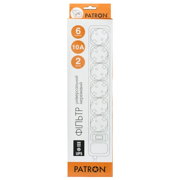Фильтр сетевой для ИБП 6 розеток, 2 м, черный, 3*1мм2 Patron (SP-1065U) - Фото 1