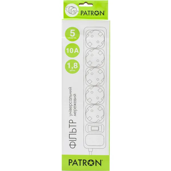 Фильтр сетевой 5 розеток, 1,8 м , черный, 3*1мм2 Patron (SP-1052) - Фото 2