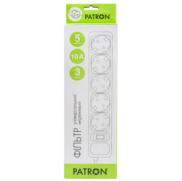 Фильтр сетевой 5 розеток, 3 м, черный, 3*1мм2 Patron (SP-1053) - Фото 2