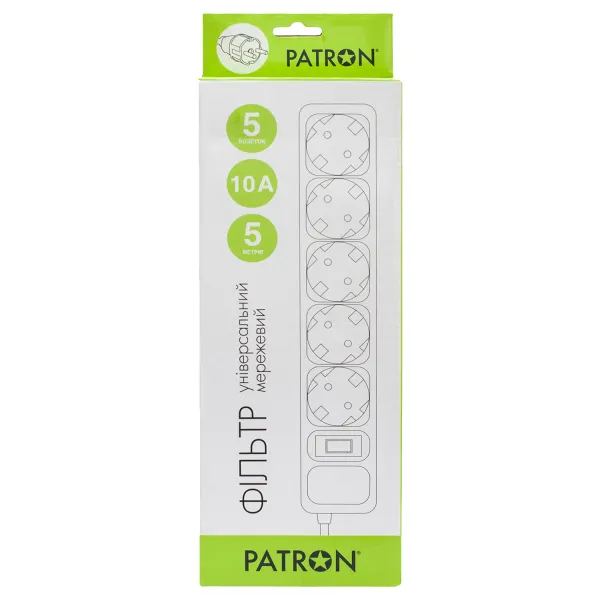 Фильтр сетевой 5 розеток, 5 м, черный, 3*1мм2 Patron (SP-1055) - Фото 1