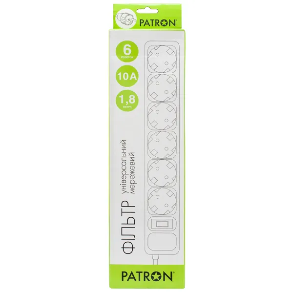 Фильтр сетевой 6 розеток, 1,8 м, черный, 3*1мм2 Patron (SP-1062) - Фото 1