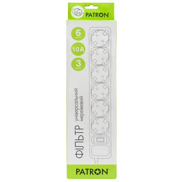 Фильтр сетевой 6 розеток, 3 м, черный, 3*1мм2 Patron (SP-1063) - Фото 2