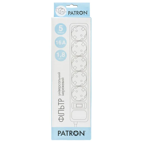 Фильтр сетевой 5 розеток, 1,8 м, черный, 3*1,5мм2 Patron (SP-1652) - Фото 2