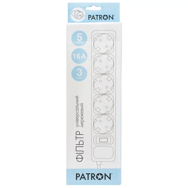Фильтр сетевой 5 розеток, 3 м, черный, 3*1,5мм2 Patron (SP-1653) - Фото 2