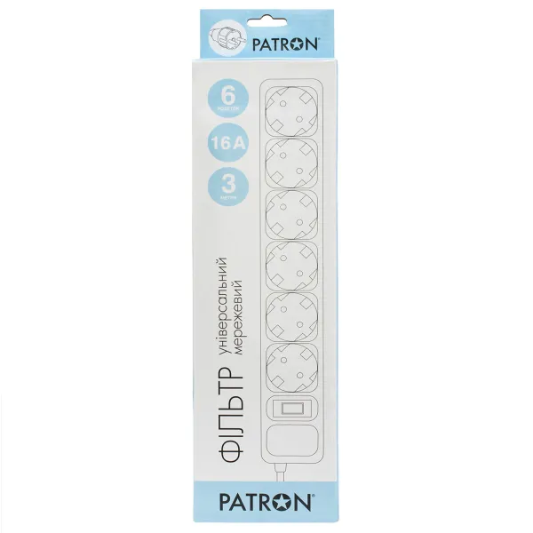 Фільтр мережевий 6 розеток 3 м, чорний, 3*1,5мм2 Patron (SP-1663) - Фото 2