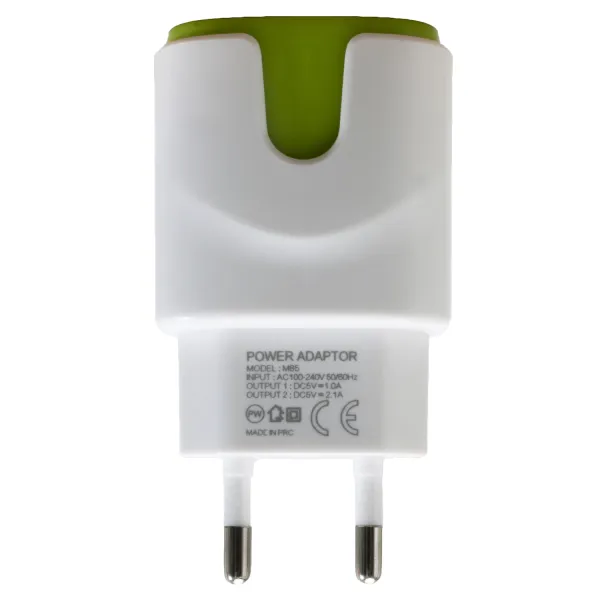 Устройство зарядное сетевое 2xUSB 2.0 2A/1A, бело-зеленое Patron (PN-2USB-220V-G) - Фото 1
