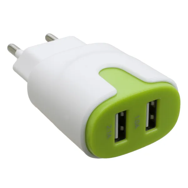 Устройство зарядное сетевое 2xUSB 2.0 2A/1A, бело-зеленое Patron (PN-2USB-220V-G) - Фото 1