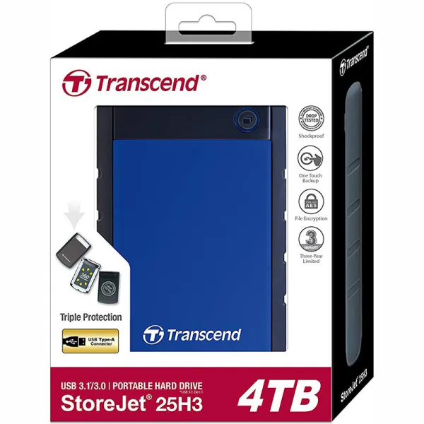 Диск жесткий внешний портативный 4TB USB 3.1 StoreJet 25H3 синий Transcend (TS4TSJ25H3B) - Фото 1