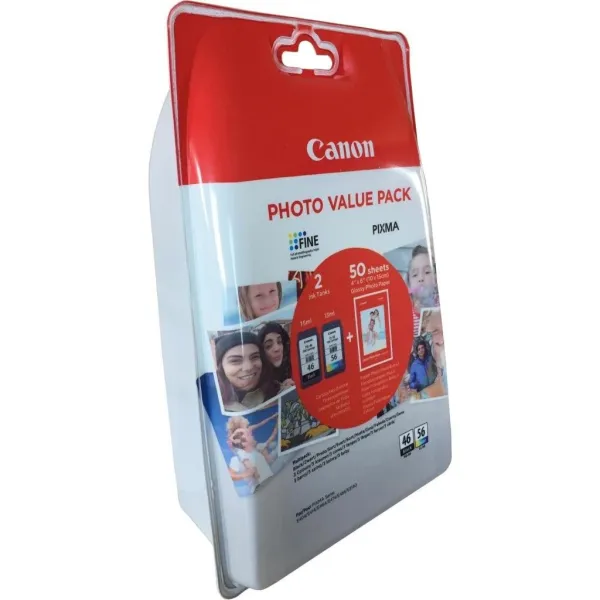 Комплект картридж PG-46 чорний + CL-56 кольоровий + папір 50 арк Canon (9059B003/9059B006) - Фото 1