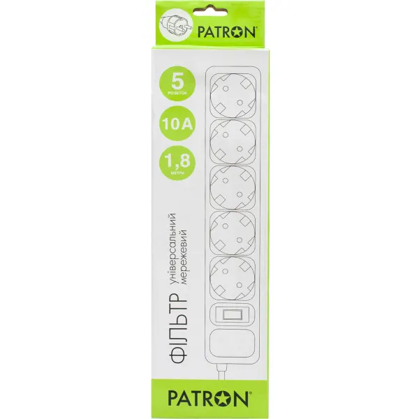 Фильтр сетевой 5 розеток, 1,8 м, белый, 3*1мм2 Patron (SP-1052W) - Фото 1