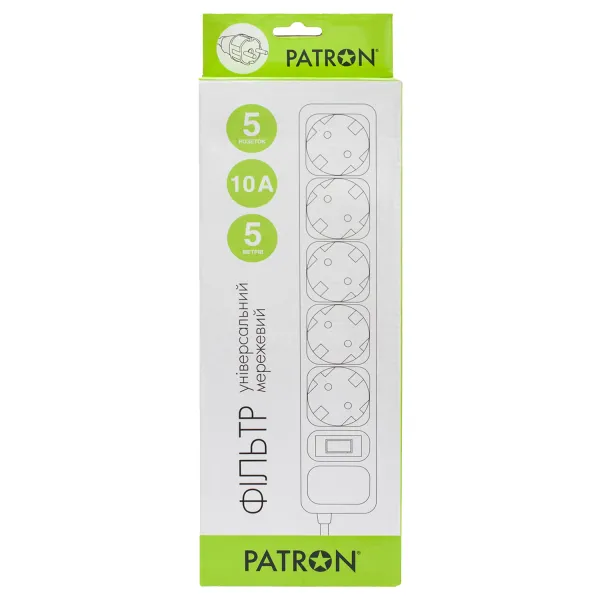 Фильтр сетевой 5 розеток, 5 м, белый, 3*1мм2 Patron (SP-1055W) - Фото 1