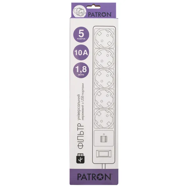 Фільтр мережевий 5 розеток + 2 x USB 2.0 2.1A, 1.8 м, білий Patron (SP-52-USB-W) - Фото 1