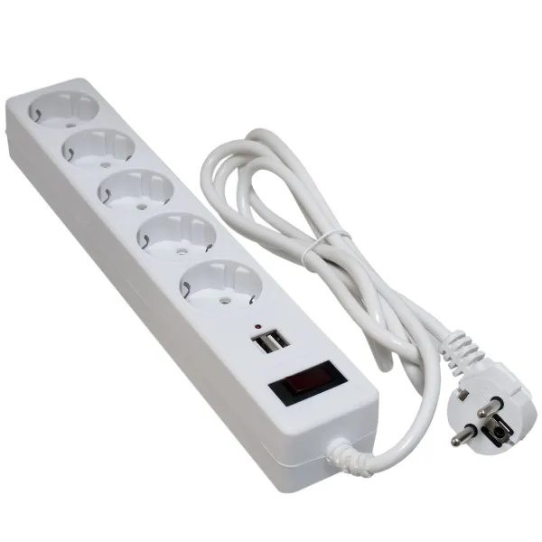 Фильтр сетевой 5 розеток + 2 x USB 2.0 2.1A, 1.8 м, белый Patron (SP-52-USB-W) - Фото 1
