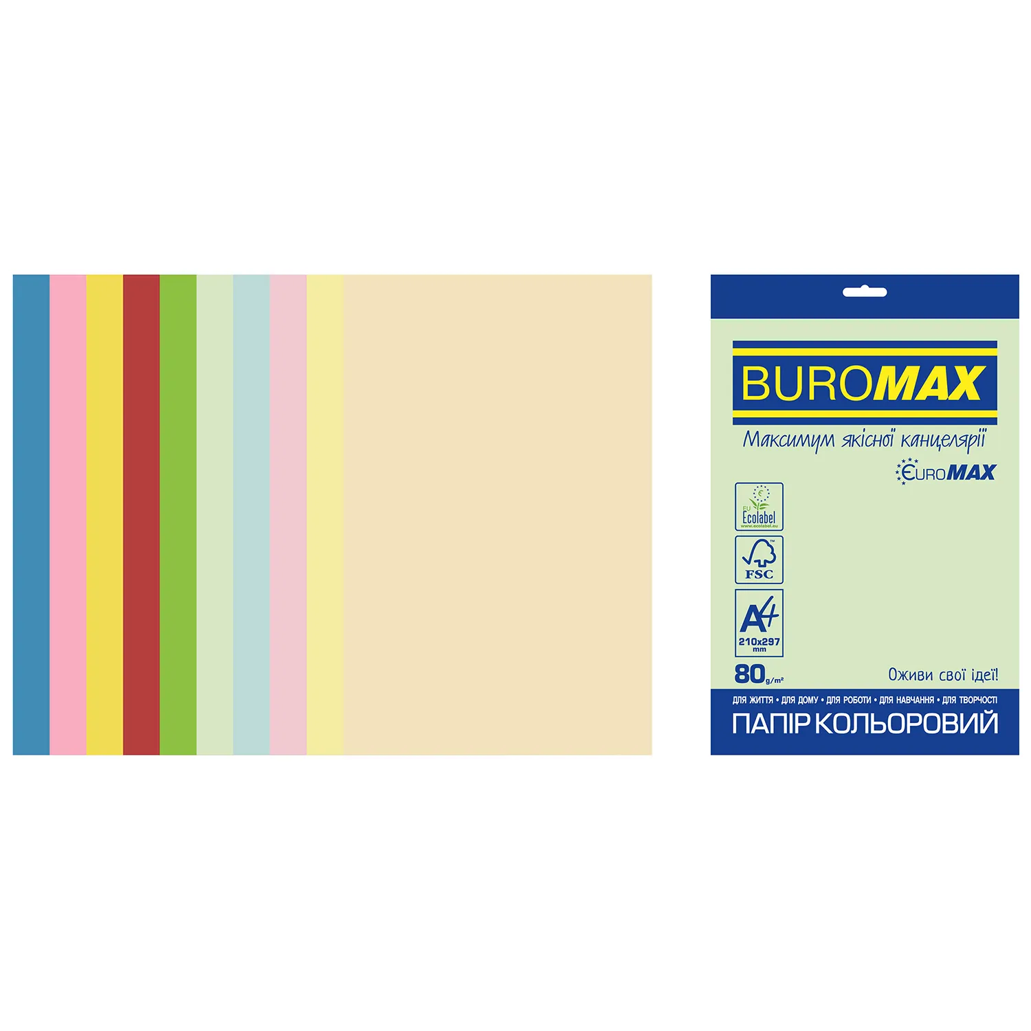 Набор цветной бумаги А4, 80 г/м2, 50 листов, 10 цветов Pastel+Intensive Euromax Buromax (4823078970602) Набор цветной бумаги А4, 80 г/м2, 50 листов, 10 цветов Pastel+Intensive Euromax Buromax (4823078970602)