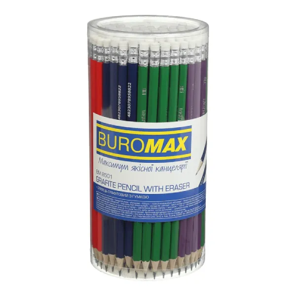 Олівець графітний HB, з ластиком, асорті Color Buromax (BM.8501) - Фото 5