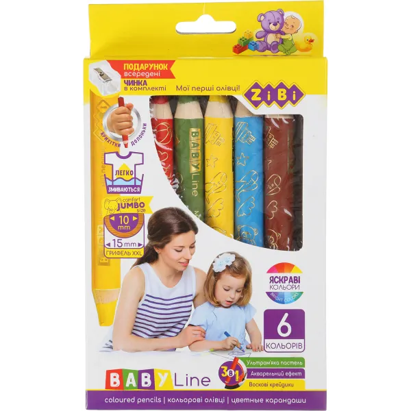 Карандаши цветные 6 цветов, 3 в 1 с точилкой mini SUPER JUMBO BABY Line ZiBi (ZB.2453) - Фото 6