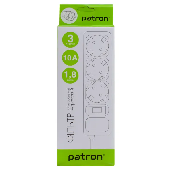 Фильтр сетевой 3 розетки, 1,8 м, 10 А, 250 В, 3*1мм2, черный Patron (SP-1032) - Фото 1