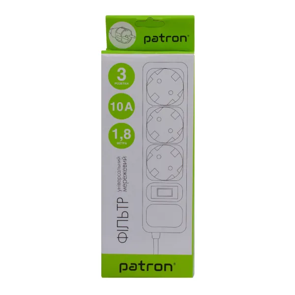 Фильтр сетевой 3 розетки, 1,8 м, 10 А, 250 В, 3*1мм2, серый Patron (SP-1032-GR) - Фото 1
