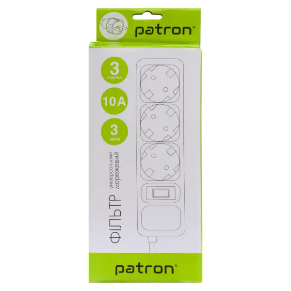 Фильтр сетевой 3 розетки, 3 м, 10 А, 250 В, 3*1мм2, черный Patron (SP-1033) - Фото 1